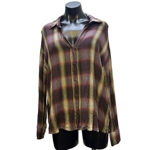 Diega Plaid Button-Up Blouse Purple & Gray Long Sleeve L